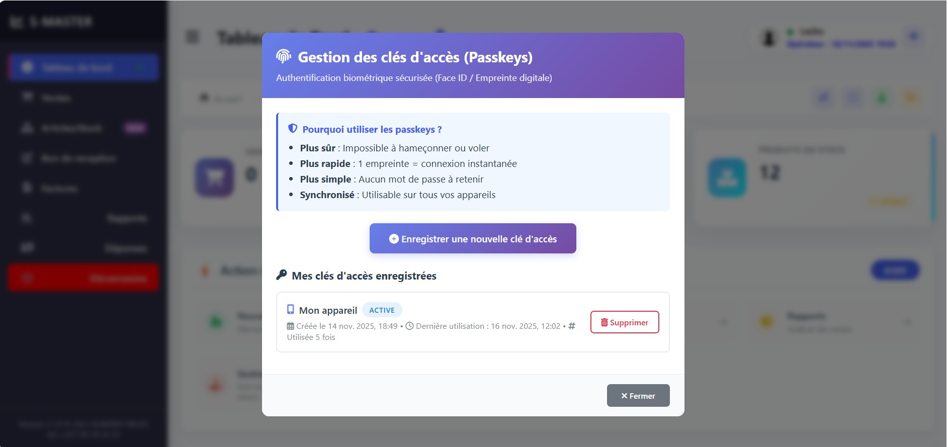 Gestion des clés d'accès - S-MASTER